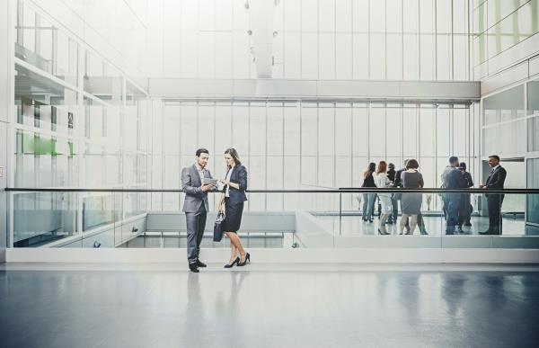 employees gathered in work building