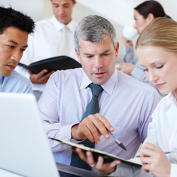 group of professionals reviewing document